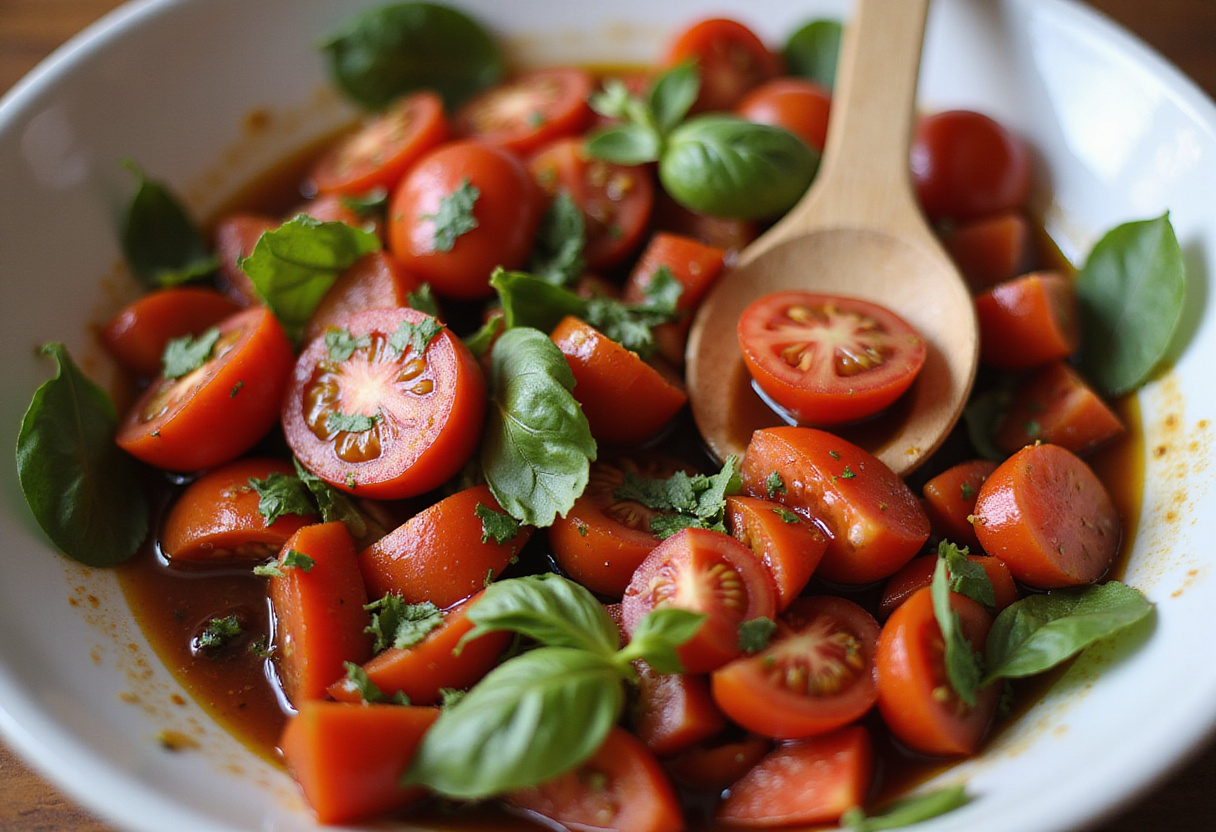 Preparing the tomato and basil topping for Burrata Bruschetta, emphasizing fresh ingredients and colorful presentation.