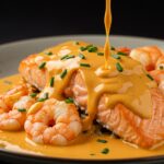 Final presentation of Cajun shrimp and salmon with garlic cream sauce, showcasing the dish's delicious and vibrant appeal.