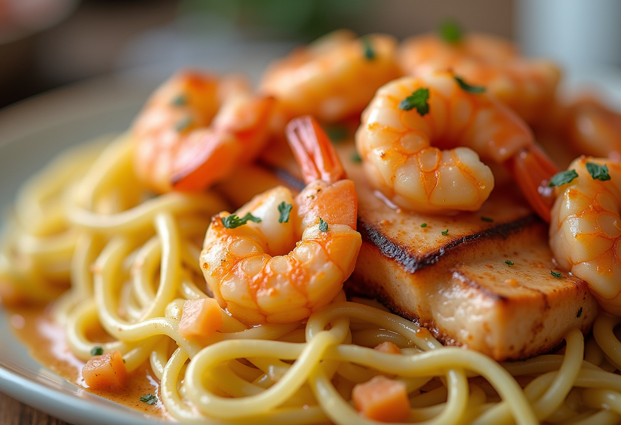 Final presentation of Cajun shrimp and salmon with garlic cream sauce, showcasing the dish's delicious and vibrant appeal.