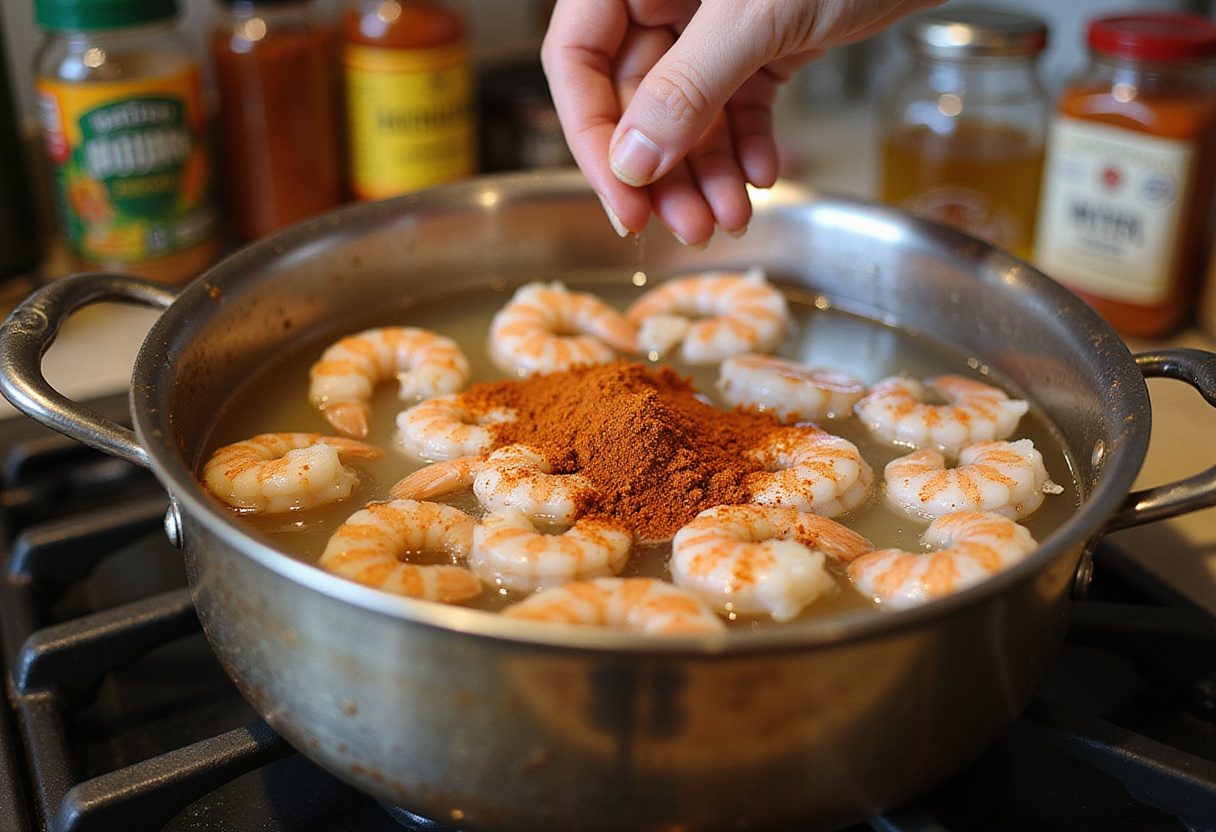 Cajun shrimp preparation with spices in a bright kitchen setting.