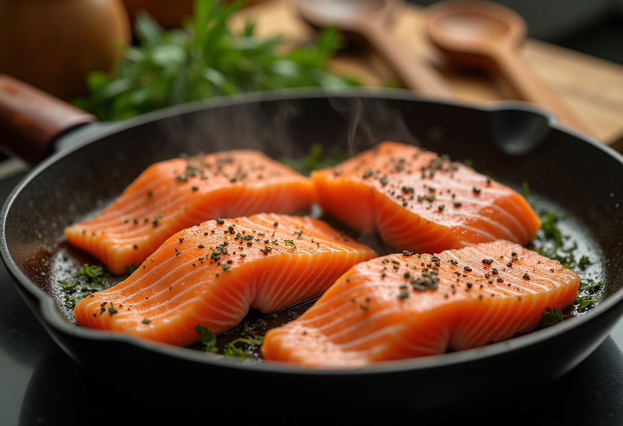 Cooking salmon fillets in a skillet with herbs, showcasing Cajun flavors in a rustic kitchen.