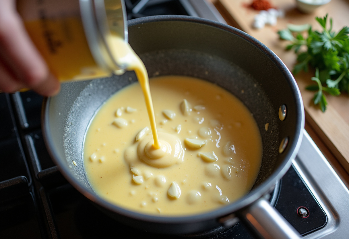 Creating garlic cream sauce for Cajun shrimp and salmon, highlighting fresh ingredients in a cozy kitchen.