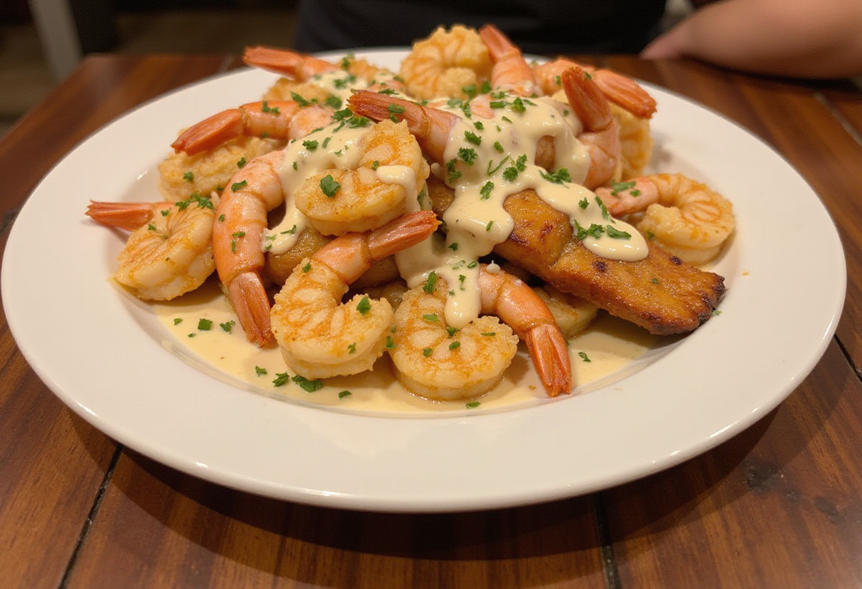 Plated Cajun shrimp and salmon with garlic cream sauce, garnished and ready to serve on a rustic wooden table.