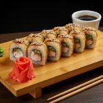 Deliciously crafted California Crunch Roll sushi beautifully presented on wooden board, showcasing its colorful ingredients and garnishes.