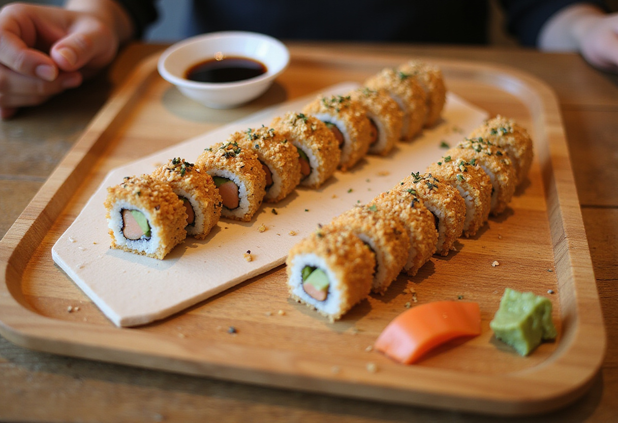 Deliciously crafted California Crunch Roll sushi beautifully presented on wooden board, showcasing its colorful ingredients and garnishes.