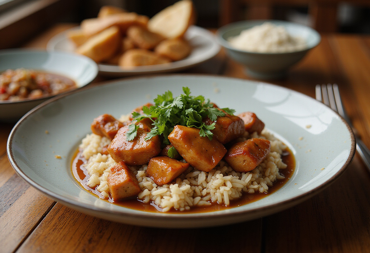 Delicious and visually appealing caramelised soy chicken in garlic ginger broth with rice, ready to be served in an inviting dinner setting.