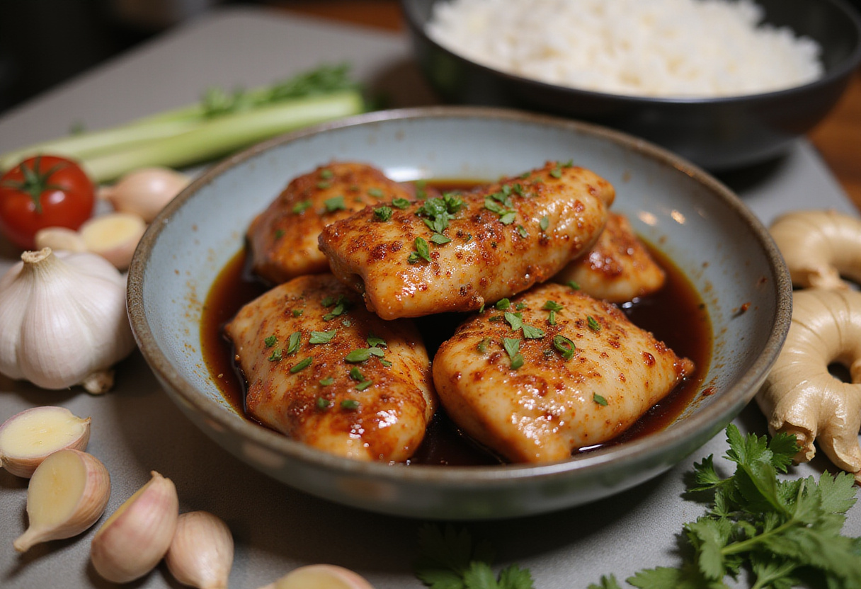 Marinated chicken pieces in soy sauce and garlic with ginger for caramelised soy chicken recipe.