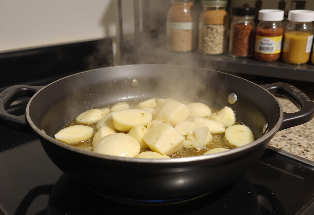Simmering garlic and ginger in a pot for flavorful ginger broth for caramelised soy chicken.