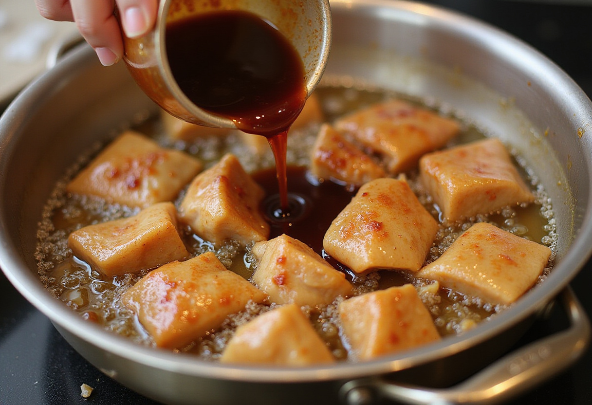 Adding marinated chicken to the garlic ginger broth for a rich caramelized flavor in the dish.
