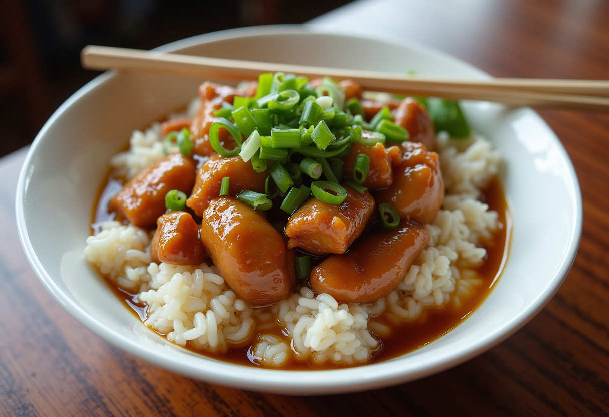 Rice topped with caramelised soy chicken in garlic ginger broth, showcasing a delicious meal.