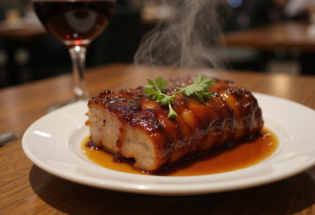 Stunning final dish of caramelized honey glazed pork belly served elegantly for a perfect meal, capturing its deliciousness and charm.