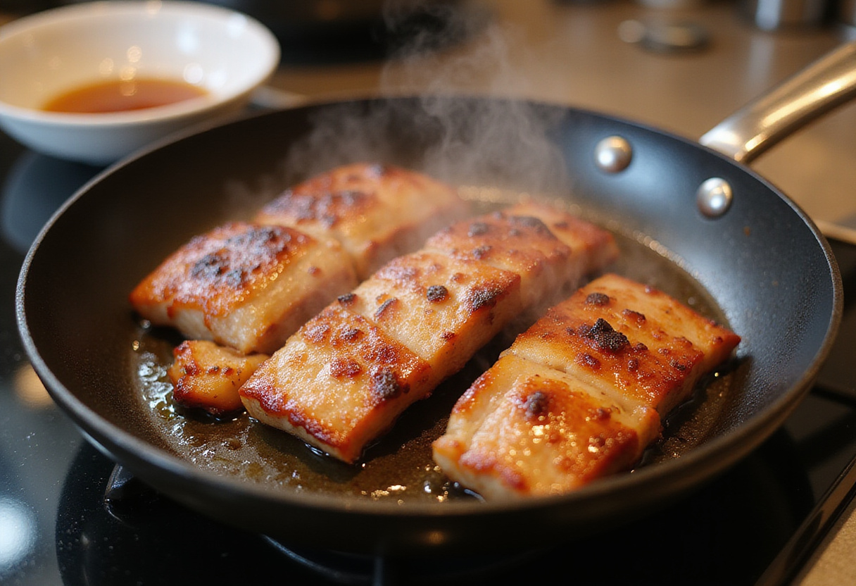 Crispy pork belly sizzling in a frying pan, showcasing the perfect caramelization process for honey glazed pork belly.