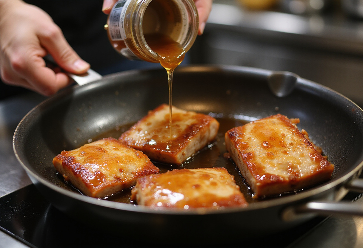 Honey glaze being drizzled over crispy pork belly, enhancing flavors in a delicious caramelized honey glazed pork belly dish.