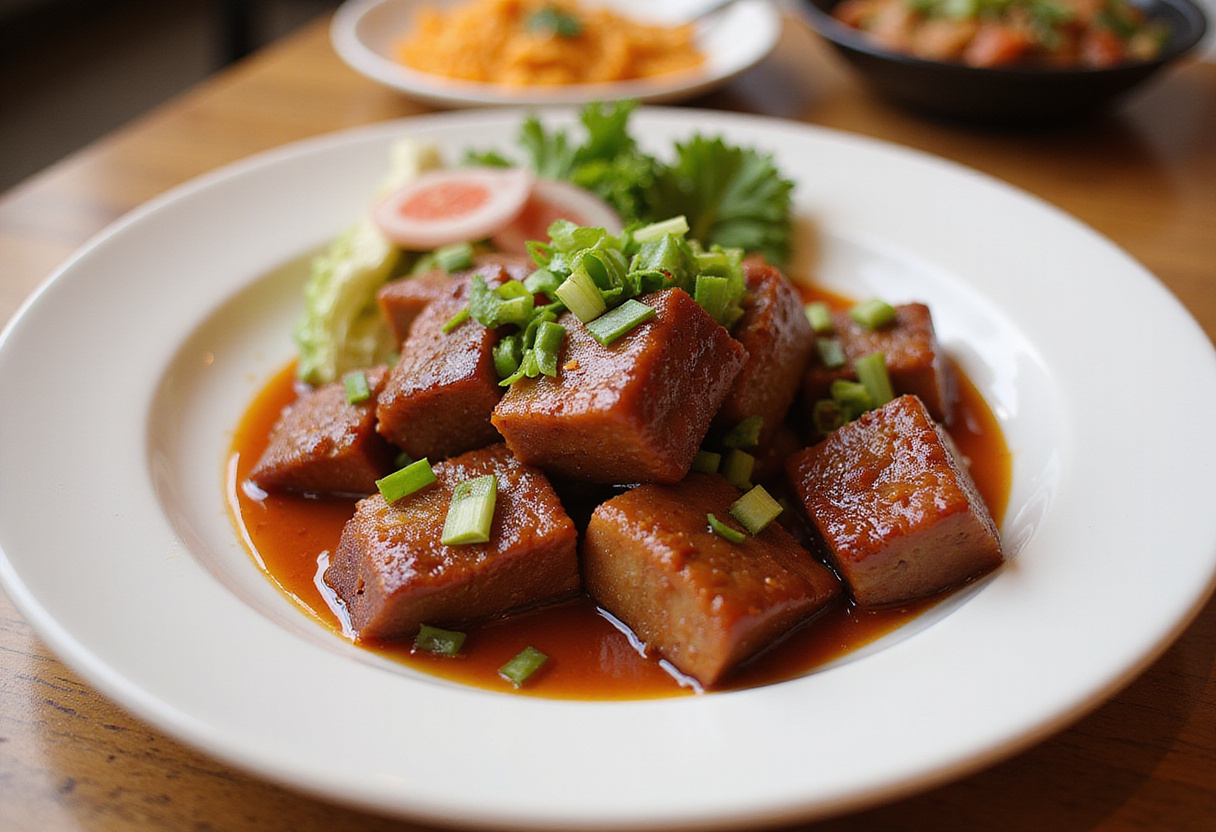 Perfectly glazed caramelized honey pork belly plated attractively, highlighting its rich flavor and garnished with fresh green onions.