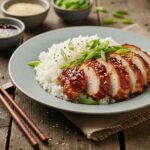 Deliciously presented Char Siu Chicken on a plate with steamed rice, garnished perfectly for an appetizing meal.