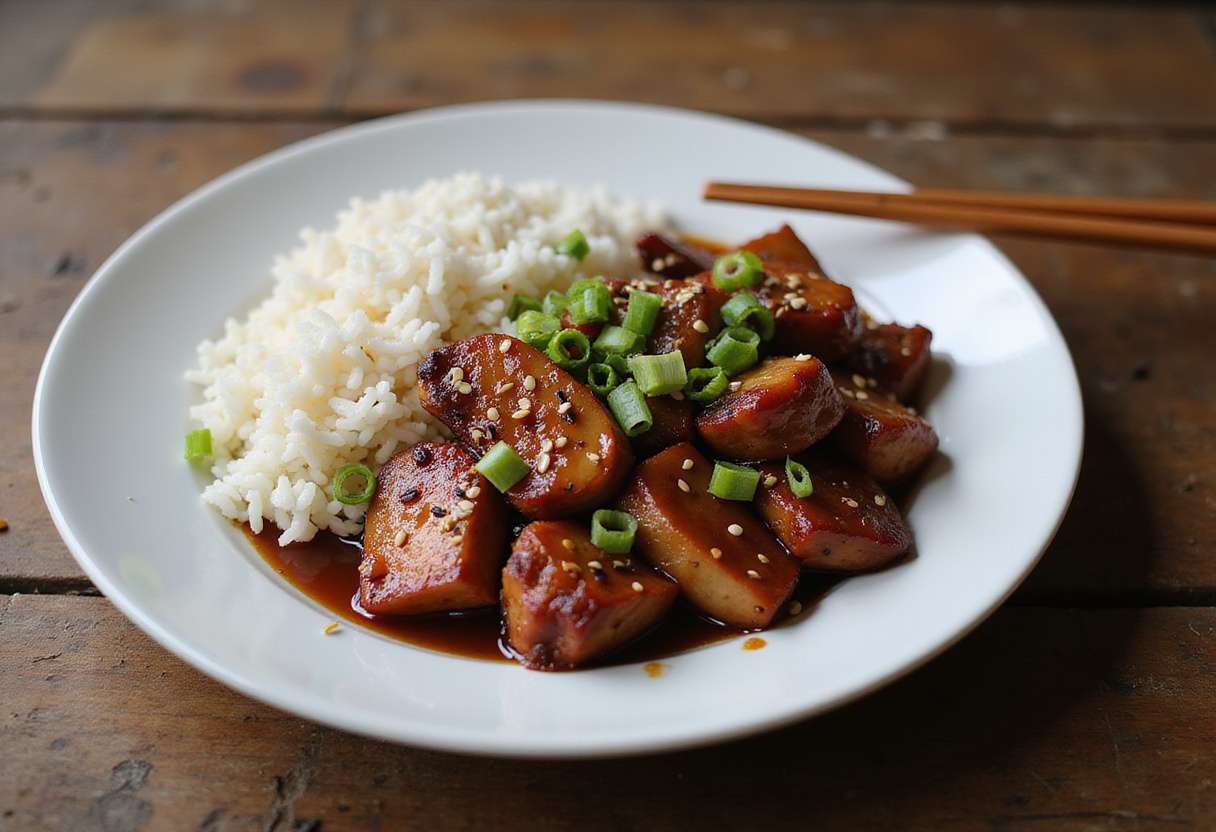 Deliciously presented Char Siu Chicken on a plate with steamed rice, garnished perfectly for an appetizing meal.