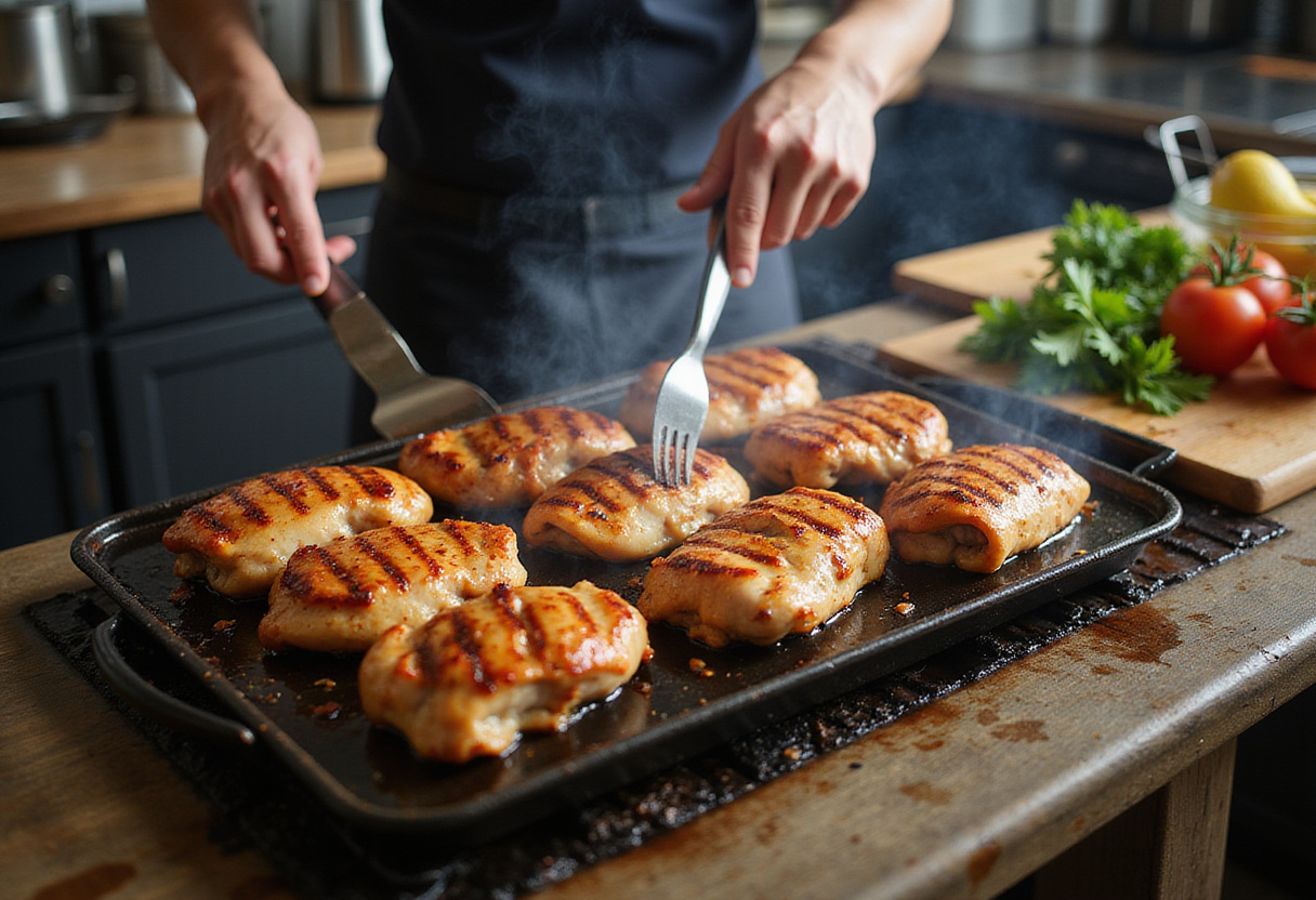 Grilling marinated chicken thighs on a barbecue grill to create succulent Char Siu Chicken with smoky flavors.