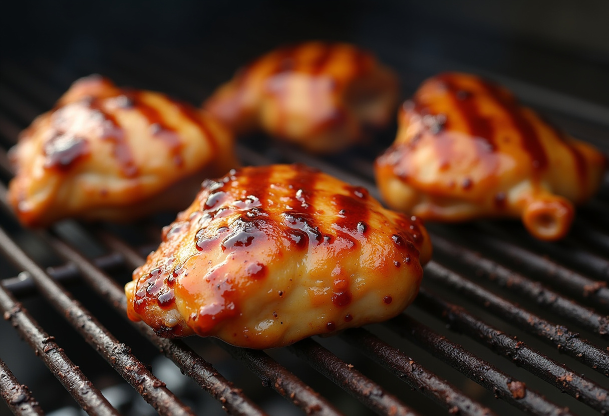 Glazing grilled chicken thighs with additional char siu sauce to achieve the perfect shiny finish for Char Siu Chicken.