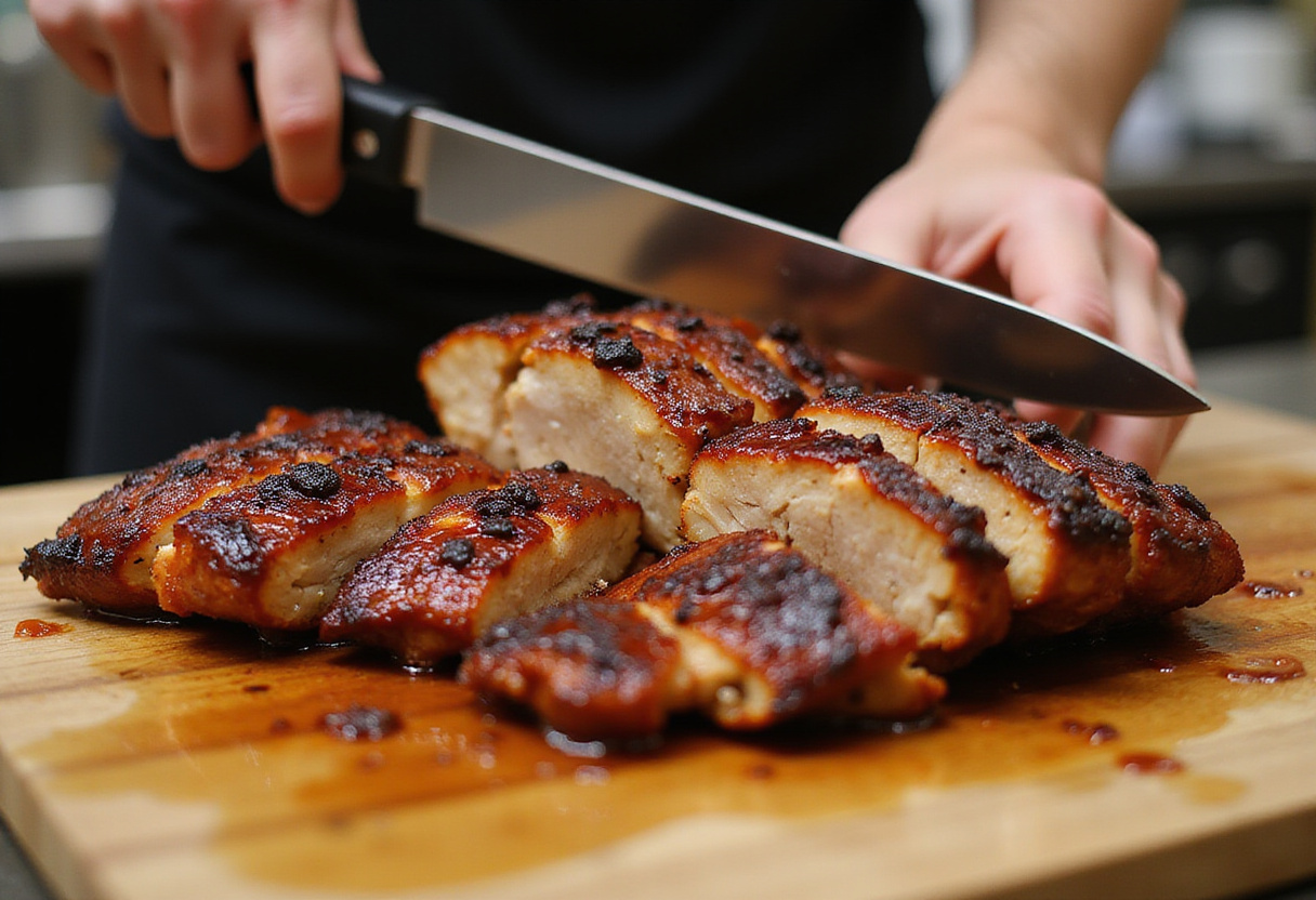 Slicing delicious grilled Char Siu Chicken into thick pieces, showcasing the tender, flavorful meat infused with a rich marinade.