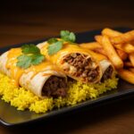 Delicious Cheesy Beef Burritos served with crispy fries on a colorful plate, perfect for a hearty meal.