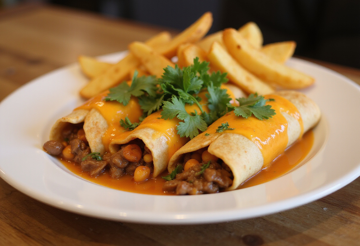 Delicious Cheesy Beef Burritos served with crispy fries on a colorful plate, perfect for a hearty meal.