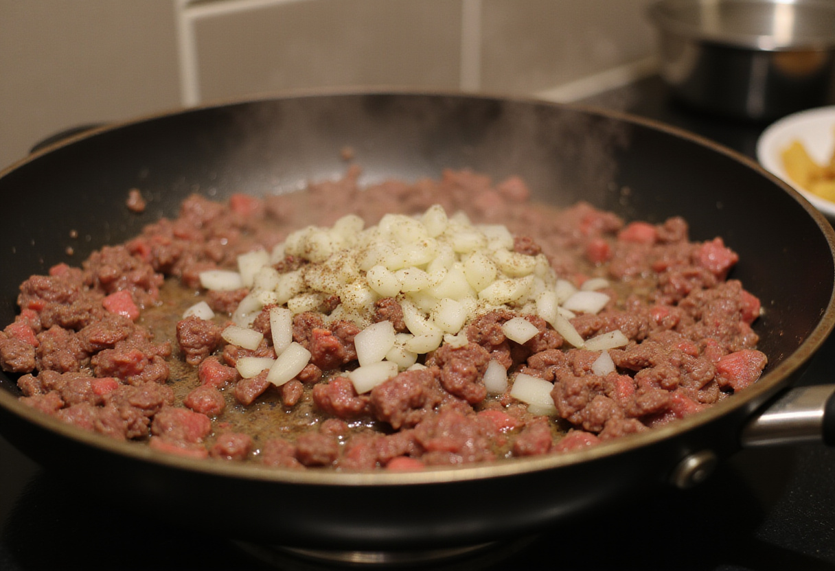 Cooking ground beef for Cheesy Beef Burritos with spices and onions in a skillet.