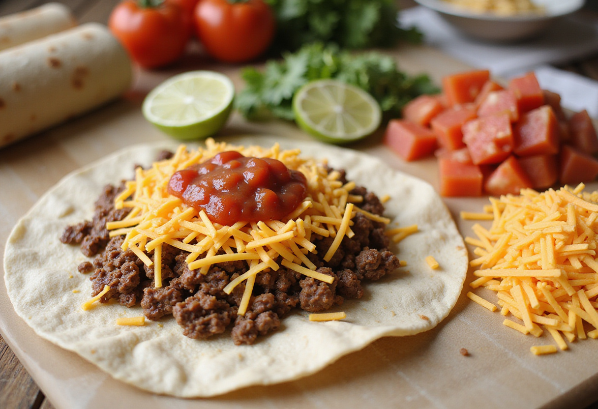 Assembling Cheesy Beef Burritos with tortillas, beef, cheese, and salsa on a cutting board.