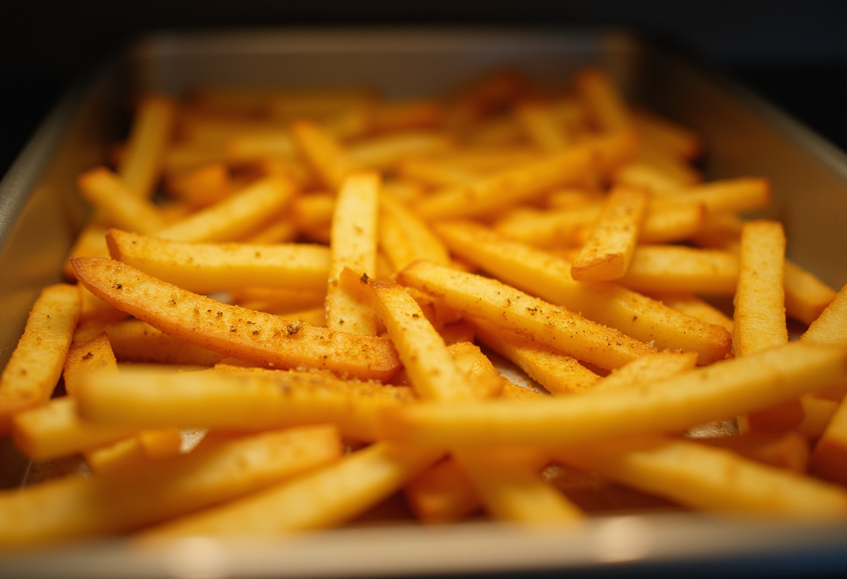 Preparing crispy fries to serve alongside Cheesy Beef Burritos, showcasing fresh potatoes on a baking tray.
