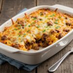 Final presentation of cheesy low carb Philly cheesesteak casserole, featuring melted cheese and garnishes on a rustic table.