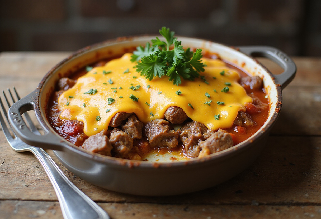 Final presentation of cheesy low carb Philly cheesesteak casserole, featuring melted cheese and garnishes on a rustic table.