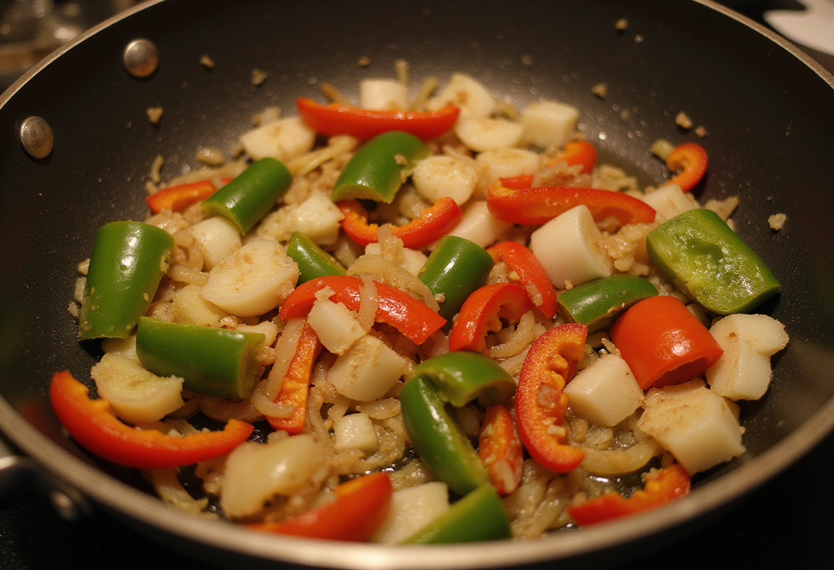 Sautéed onions and bell peppers for cheesy low carb Philly cheesesteak casserole, vibrant colors in a warm kitchen ambiance.