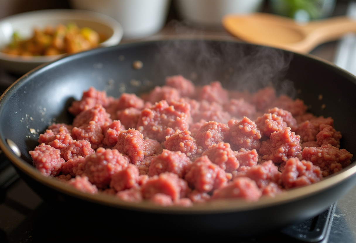 Browning ground beef for low carb Philly cheesesteak casserole, showcasing texture and kitchen ambiance.