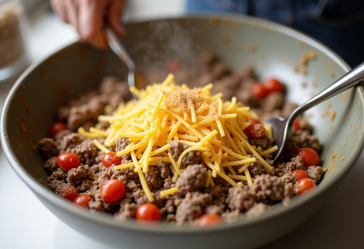 Mixing ground beef and vegetables for cheesy low carb Philly cheesesteak casserole, highlighting the blending of ingredients.