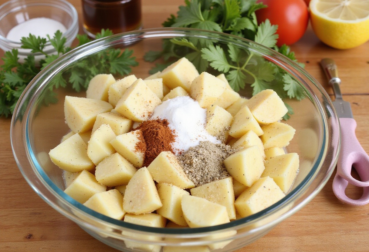 Cheesy Ranch Potatoes being prepared with ranch seasoning and butter for a delicious side dish.