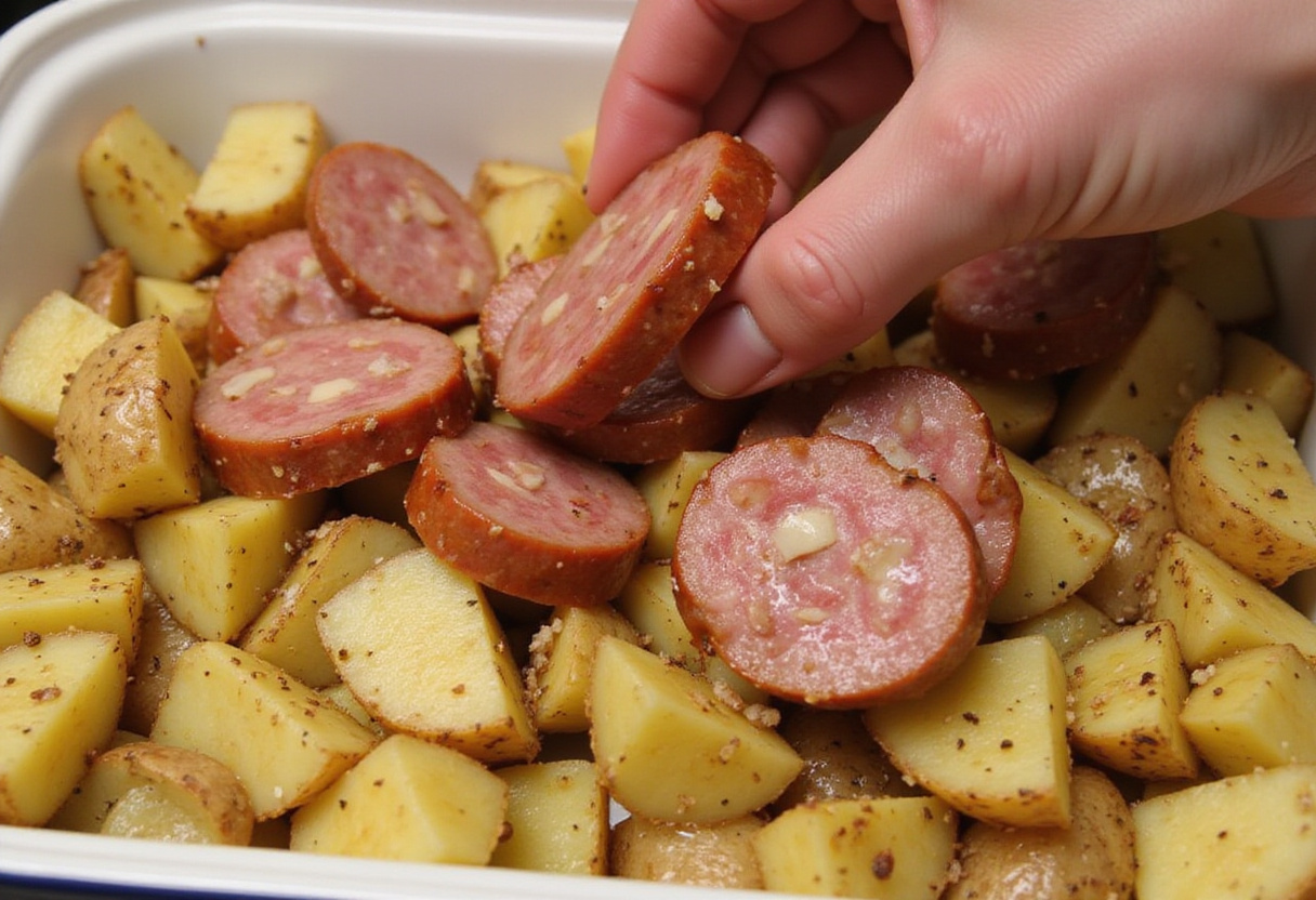 Smoked Sausage and onions being cooked together for a flavorful combination to add to the Cheesy Ranch Potatoes.