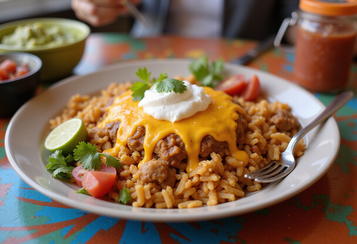 Final presentation of Cheesy Taco Rice: a delicious and colorful meal, perfect for any taco night.