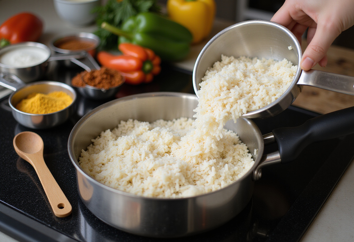 Cheesy Taco Rice preparation: cooking rice with spices and vegetables, essential ingredients for a flavorful dish.