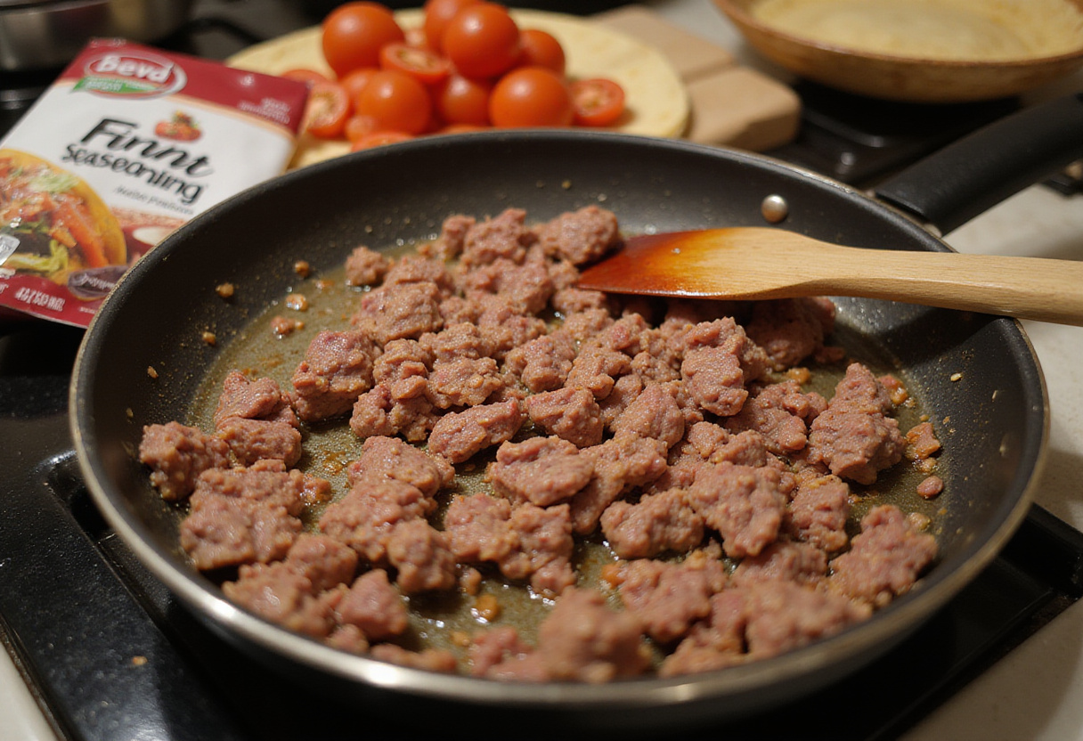Preparing Cheesy Taco Rice: browning ground beef with taco seasoning and tomatoes for a delicious filling.