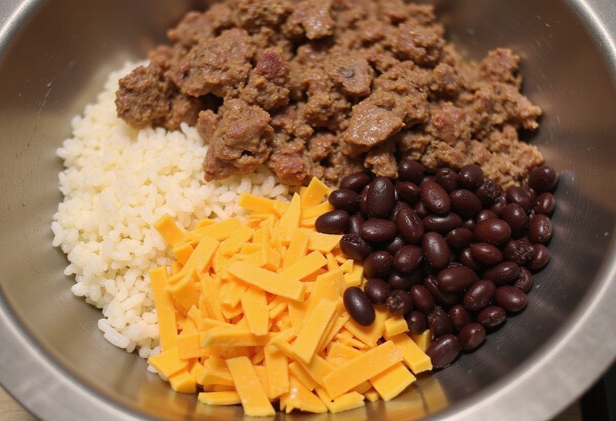 Combining rice, beef, cheese and black beans: key steps in crafting Cheesy Taco Rice for a rich flavor profile.