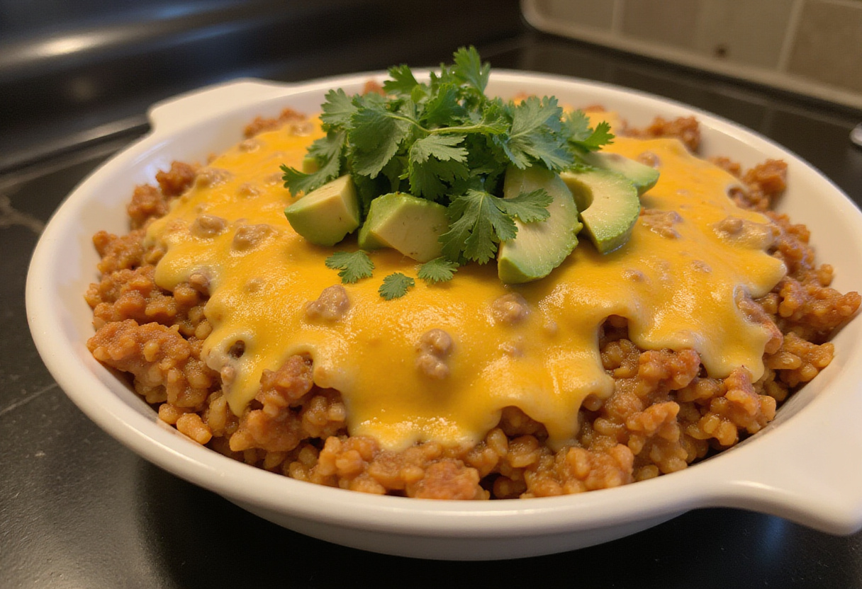 Finishing touches on Cheesy Taco Rice: a delightful blend of flavors and textures ready for serving.