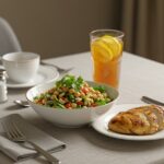 Deliciously arranged Chicken & Chickpea Salad served elegantly, perfect for a healthy meal with grilled chicken, ideal for any dining occasion.