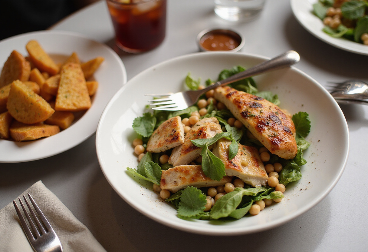 Deliciously arranged Chicken & Chickpea Salad served elegantly, perfect for a healthy meal with grilled chicken, ideal for any dining occasion.