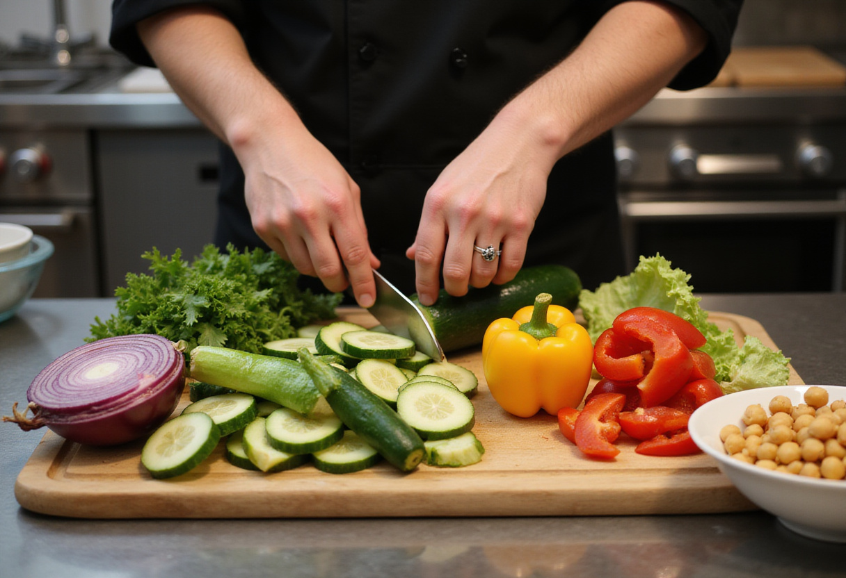 Freshly chopped vegetables for Chicken & Chickpea Salad including cucumber, bell pepper, and red onion, enhancing the salad's flavor and nutrition.