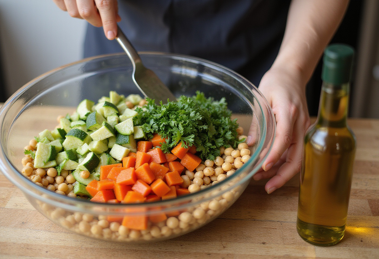Mixing fresh vegetables and chickpeas in a bowl for a wholesome Chicken & Chickpea Salad, incorporating zesty flavors with olive oil and lemon juice.