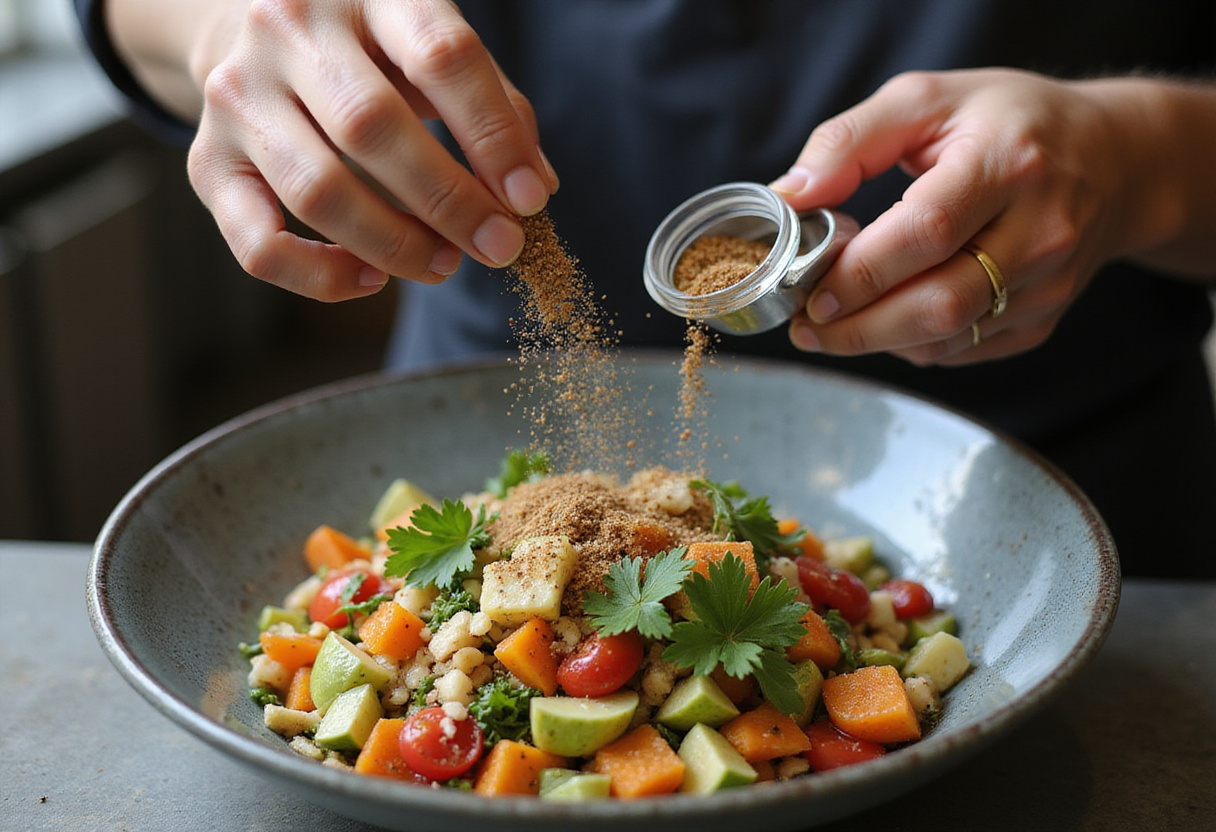 Seasoning the Chicken & Chickpea Salad with herbs and spices, adding depth and flavor to this nutritious and satisfying dish.