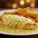 Delicious Chicken Fillet in Spicy, Creamy Garlic-Parmesan Sauce served with crispy fries