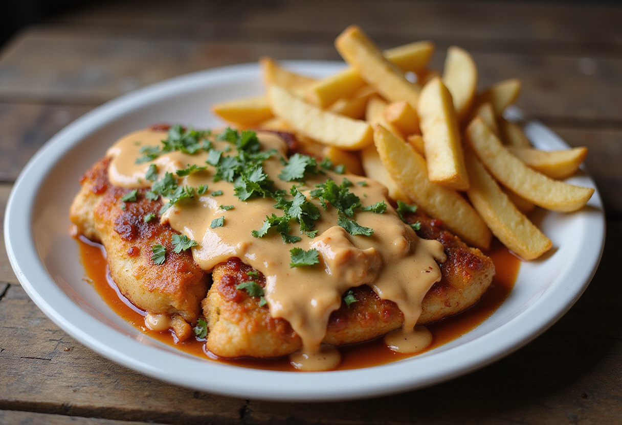 Delicious Chicken Fillet in Spicy, Creamy Garlic-Parmesan Sauce served with crispy fries