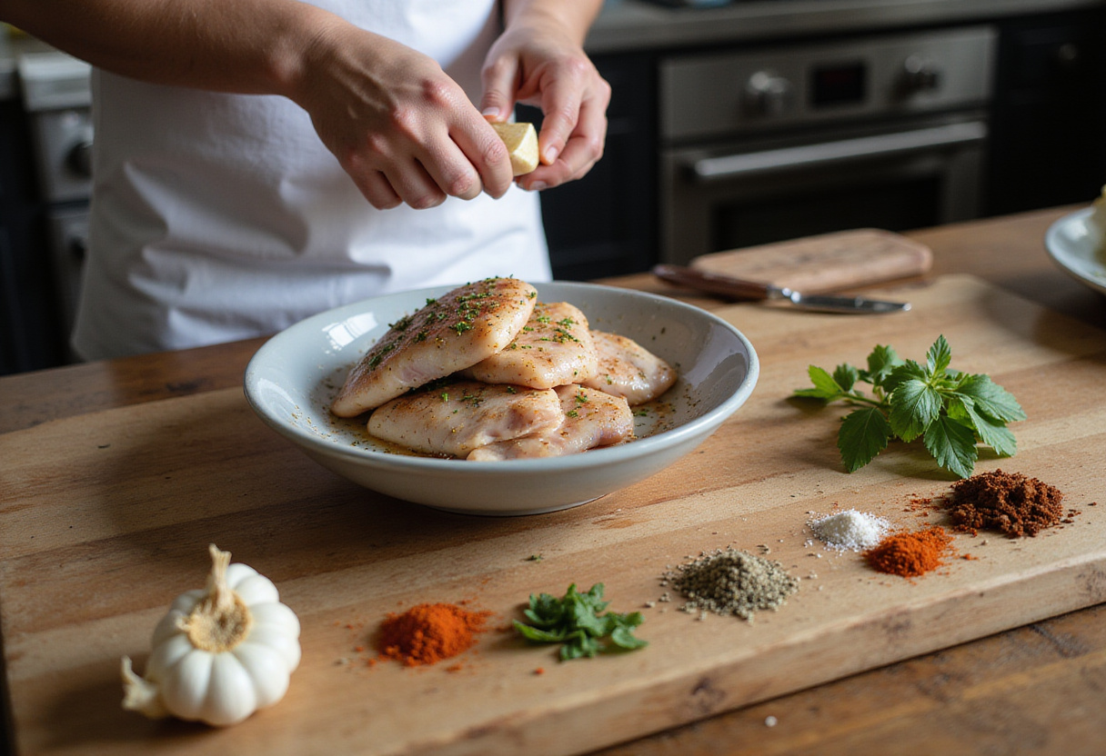 Marinating chicken fillets with spices for Chicken Fillet in Spicy, Creamy Garlic-Parmesan Sauce