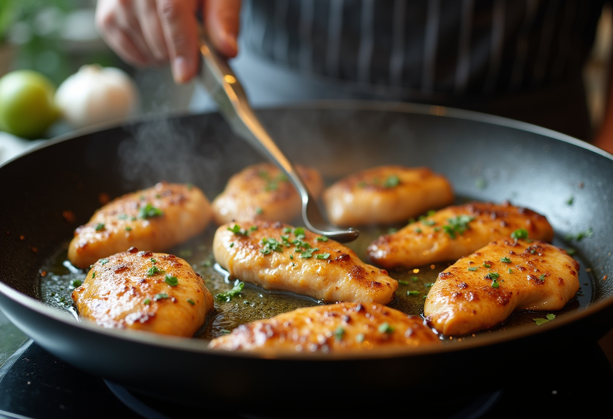 Sautรฉing marinated chicken fillets for Chicken Fillet in Spicy, Creamy Garlic-Parmesan Sauce