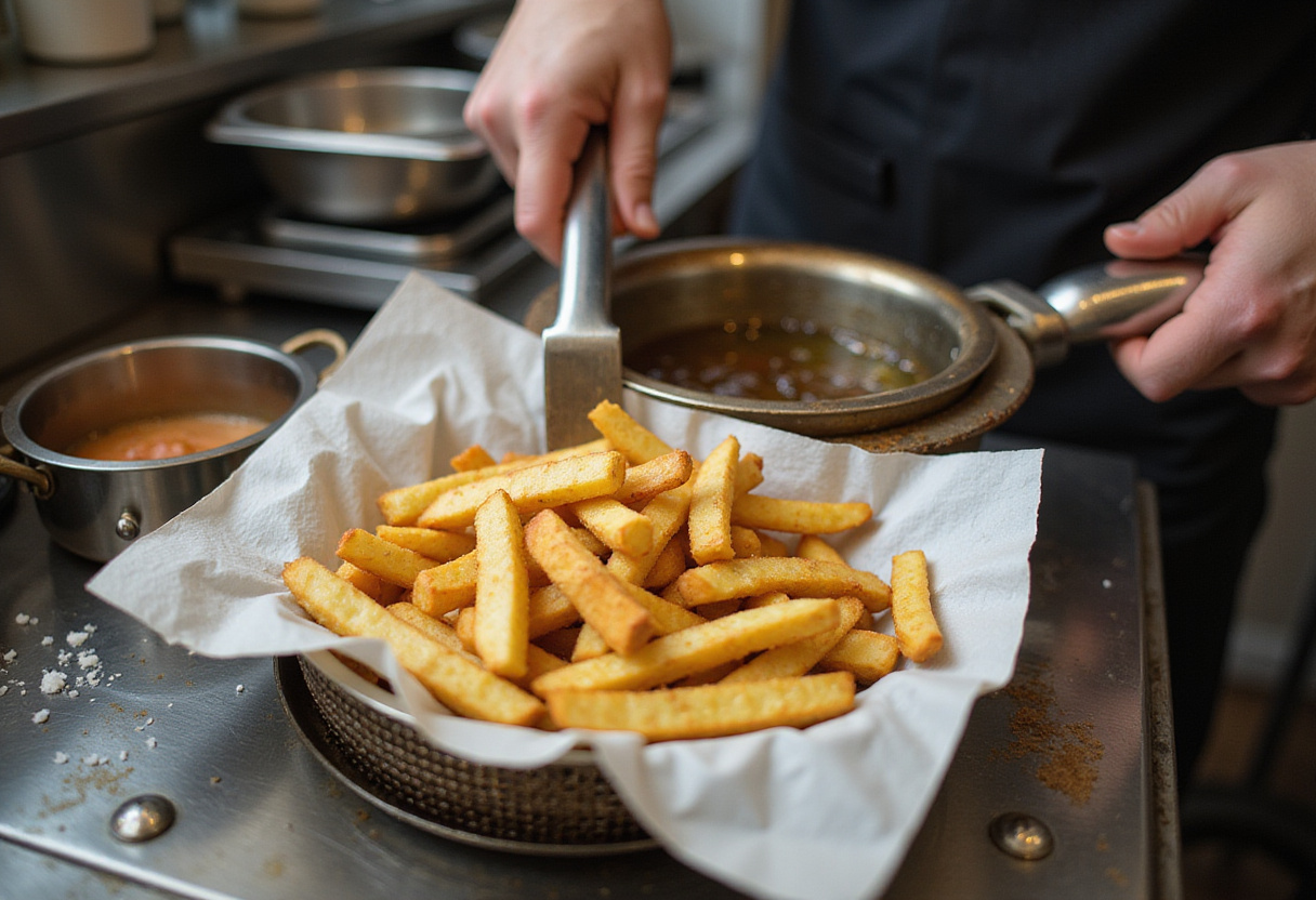 Frying golden-brown fries to serve with Chicken Fillet in Spicy, Creamy Garlic-Parmesan Sauce